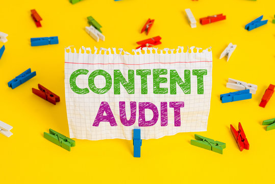Word writing text Content Audit. Business photo showcasing process of evaluating content elements and information Colored clothespin papers empty reminder yellow floor background office