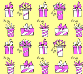 Seamless pattern with gift boxes bows and ribbons. Cute hand drawn doodles. Concept for wrapping paper, greeting cards, xmas, packaging, wedding, birthday, fabric, valentine's Day, mother's Day