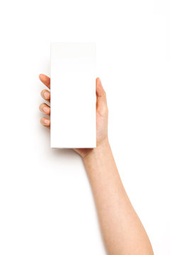 Woman hand hold a white box isolated on white.