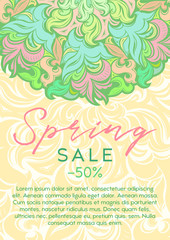 Spring sale, background with floral decorative ornament, stylized plants in delicate colors. Template for card, advertising, cover, sale, ad, brochure, banner, booklet, flyer, gift coupon, certificate