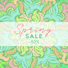 Fototapeta na wymiar Spring sale, background with floral decorative ornament, stylized plants in delicate colors. Template for card, advertising, cover, sale, ad, brochure, banner, booklet, flyer, gift coupon, certificate