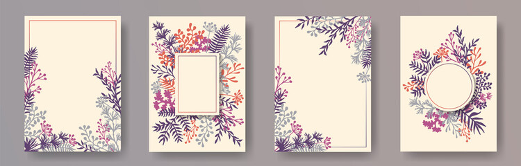 Cute herb twigs, tree branches, flowers floral invitation cards set. Plants borders vintage cards design with dandelion flowers, fern, mistletoe, olive tree leaves, sage twigs.