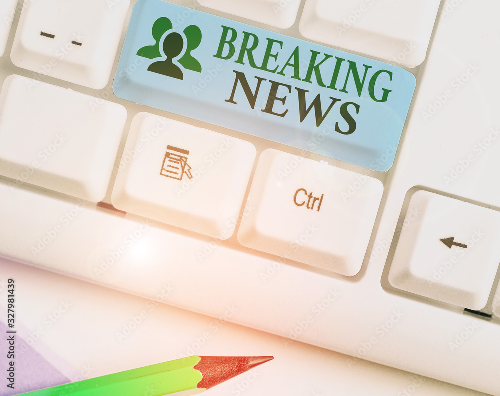Aufkleber text sign showing breaking news. business photo text newly received info about an event and currentl