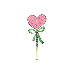 Color Heart Shaped Lollipop Candy with ribbon. Valentine's Day, Easter, holidays clip art element. Simple illustration