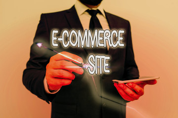 Conceptual hand writing showing E Commerce Site. Concept meaning activity of buying or selling of...