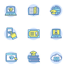 Set of online education icons in linear color design. E-learning related vector illustration in colorful design isolated on white background 