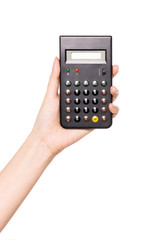 Woman hand hold a Calculator isolated on white.