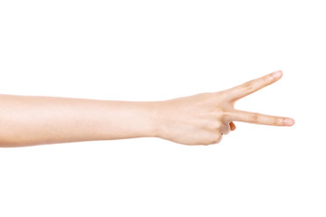 woman hand gesture (number 2, victory) isolated on white.