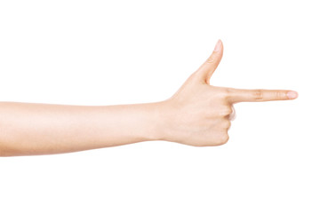 woman hand gesture (direction) isolated on white.