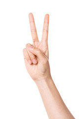woman hand gesture (number 2, victory) isolated on white.
