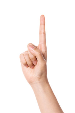 woman hand gesture (number 1, the first) isolated on white.