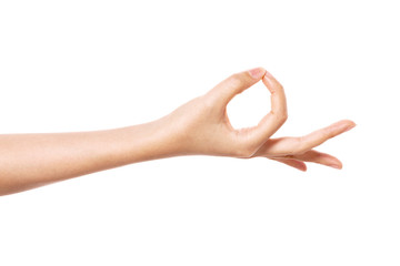 woman hand gesture (hold, pick, measure,estimate) isolated on white.