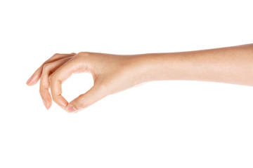 woman hand gesture (hold, pick, measure,estimate) isolated on white.