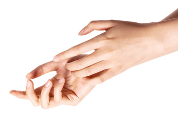 Woman two hands touch each other for cosmetic isolated on white.