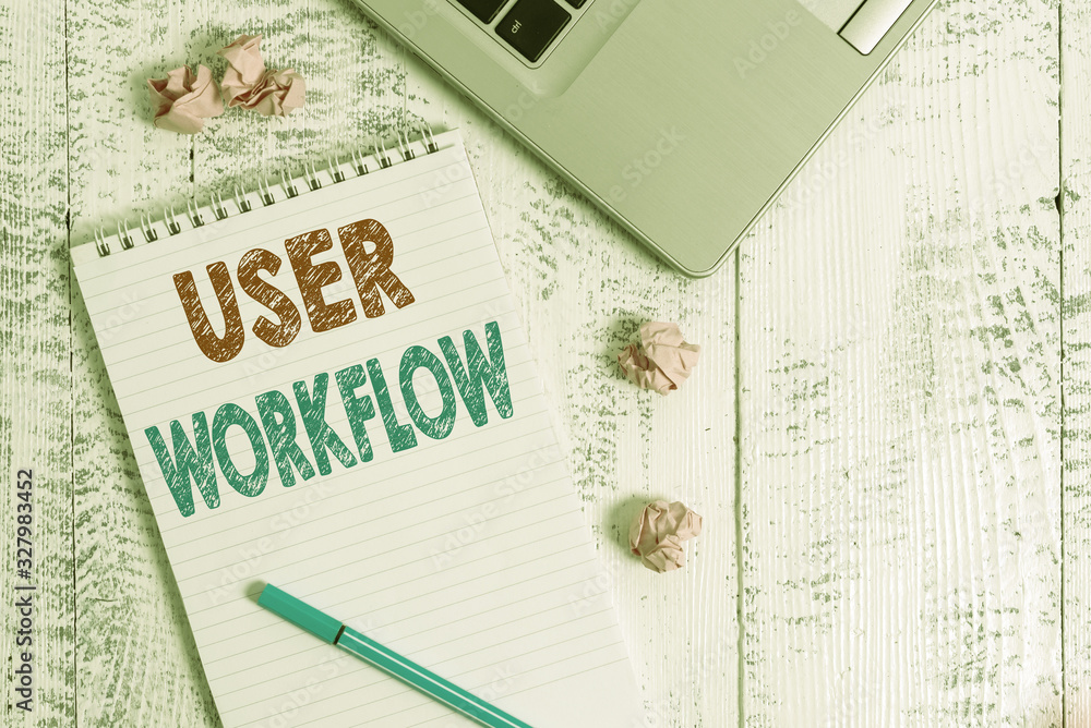 Aufkleber conceptual hand writing showing user workflow. concept meaning orchestrated and repeatable pattern o