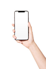 Woman hand hold a smartphone, empty screen side isolated on white.