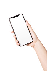 Woman hand hold a smartphone, empty screen side isolated on white.