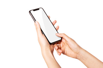 Woman hand hold a smartphone, empty screen side isolated on white.