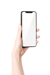 Woman hand hold a smartphone, empty screen side isolated on white.