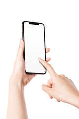 Woman hand hold a smartphone, empty screen side isolated on white.