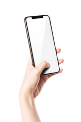 Woman hand hold a smartphone, empty screen side isolated on white.