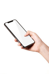 Woman hand hold a smartphone, empty screen side isolated on white.
