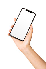Woman hand hold a smartphone, empty screen side isolated on white.