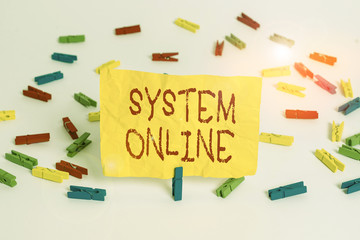 Word writing text System Online. Business photo showcasing when a device can readily communicate with other devices Colored clothespin papers empty reminder white floor background office