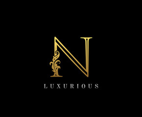 Gold Letter N Logo Icon . N Letter Design Vector with Golden Colors and Floral Hand Drawn.