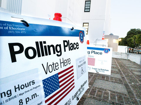 Polling Place Voting Sign on Super Tuesday 2020 Primary Election in San Francisco California on March 3, 2020