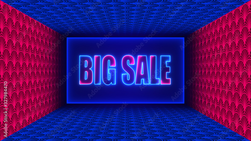 Poster big sale lettering neon light style with rectangle frame inside artistic texture rectangle box geome