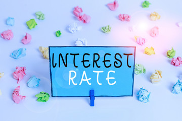 Text sign showing Interest Rate. Business photo showcasing percentage of principal charged by the...