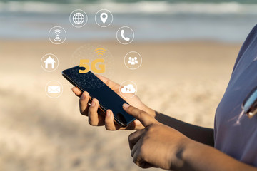 Global network connection 5G virtual interface screen on laptop device. 5G mobile technology concept - Fastest high speed internet networks.