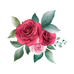 Floral arrangements of red and peach rose flowers, leaves, branches, and gold leaves. Romantic botanic illustration elements for wedding, greeting, and valentine card design