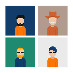 Vector illustration of four mens character in flat design style. Men wearing sunglasses, cowboy hat.