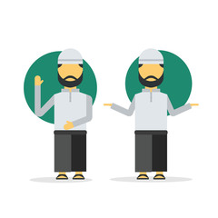 Illustration of moslem man wearing cap and sarong in different gestures. Islamic character vector in flat design style.