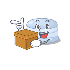 Cute blueberry macaron cartoon character having a box