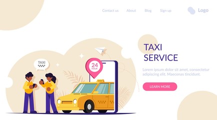 Online taxi concept. People call the car to travel around the city using a mobile app. 24-hour operation of the online service. Modern flat vector illustration. Landing web page template.