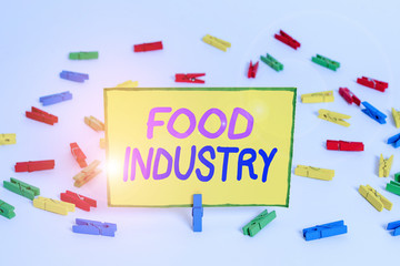 Writing note showing Food Industry. Business concept for Diverse businesses that supplies food to worlds population Colored clothespin papers empty reminder white floor background office