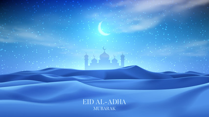 Muslim holiday banner concept. Realistic night desert landscape with starry sky, crescent and clouds. 3d vector illustration with silhouette of mosque. Greeting card for muslim festival Eid Al-Adha. - obrazy, fototapety, plakaty