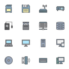 Computer components filled outline icons set, line vector symbol collection, Computer device linear colorful pictogram pack. Signs, logo illustration, Set includes icons usb flash drive, data storage