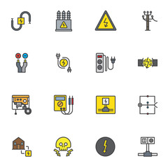 Electrician elements filled outline icons set, vector symbol collection, linear colorful pictogram pack. Signs, logo illustration, Set includes icons as high voltage electric transformer, voltmeter