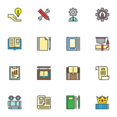 Education, science filled outline icons set, line vector symbol collection, linear colorful pictogram pack. Signs, logo illustration, Set includes icons as graduation hat, diploma, book, certificate