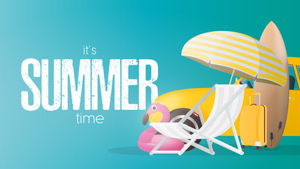 Summer time blue poster. Sun umbrella, beach deck chair, pink flamingo circle, yellow travel suitcase, surfboard and yellow car.