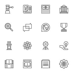 Knowledge, science line icons set. linear style symbols collection, outline signs pack. vector graphics. Set includes icons as law gavel, finance, physics, art design, research, communication speech