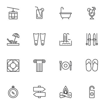 Summer travel line icons set. linear style symbols collection, outline signs pack. vector graphics. Set includes icons as beach deck chair, flippers, compass, swimming pool, cable-railway, cocktail