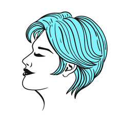 Female short haircut in blue isolate on a white background. Vector graphics.