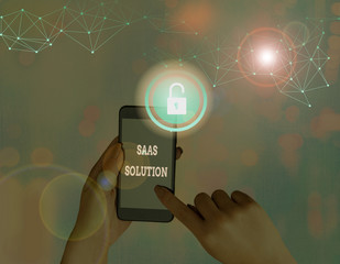 Text sign showing Saas Solution. Business photo showcasing software delivery method that provides...
