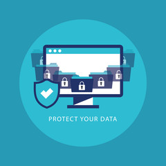 Concept is data security Access .Shield on Computer Desktop 