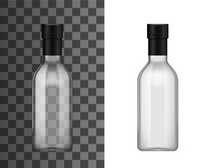 Empty transparent glass bottle with foil bottleneck cap, realistic 3d mockup template. Vector isolated blank alcohol drink or cooking oil bottle, premium vodka, sauce or olive oil bottle